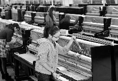 这张照片，是在德清洛舍镇的一家钢琴公司的车间里拍的，这些年轻的调音师们正在校音。