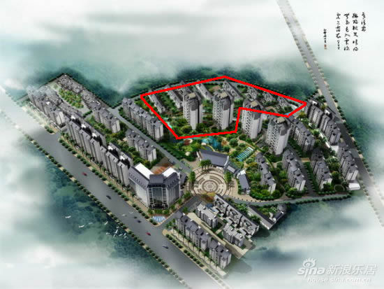 项目规划鸟瞰图：红色线内表示在建的二期所在的位置